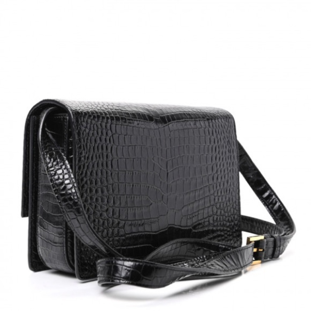 Saint Laurent Black Croc-Embossed Crossbody Bag - EXCELLENT/ Like New - Picture 3 of 8